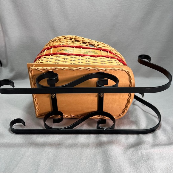 Handwoven Sleigh Basket Hand Painted Holly Band Cozy Cottage Holiday Decor - Picture 6 of 12
